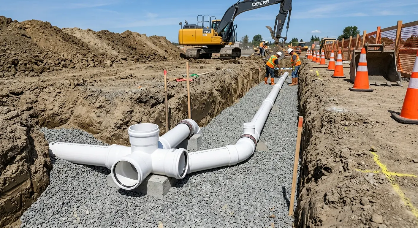 New PVC sewer pipe installation in open trench for Commercial Drain Cleaning in Land O' Lakes