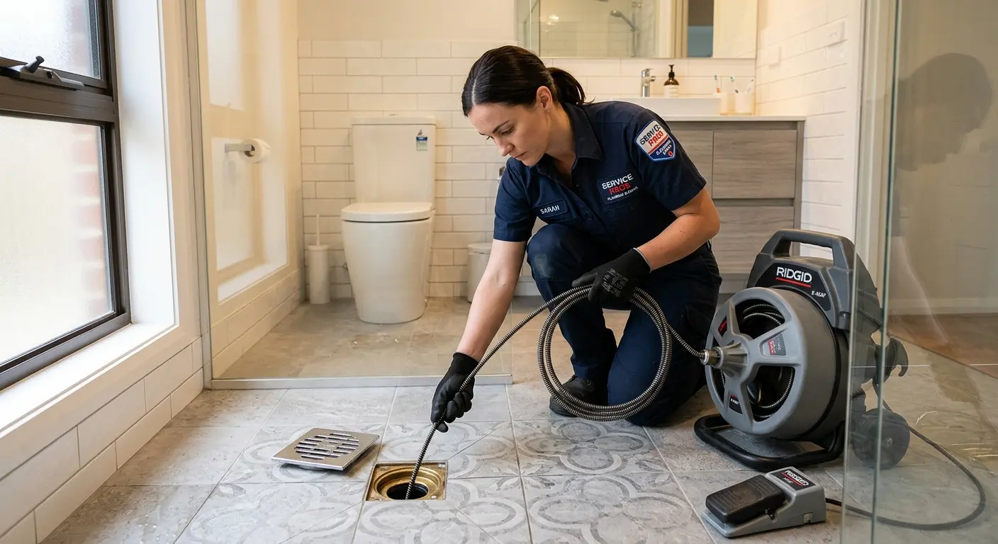 Technician clearing a bathroom floor drain for Drain Repair in Land O' Lakes